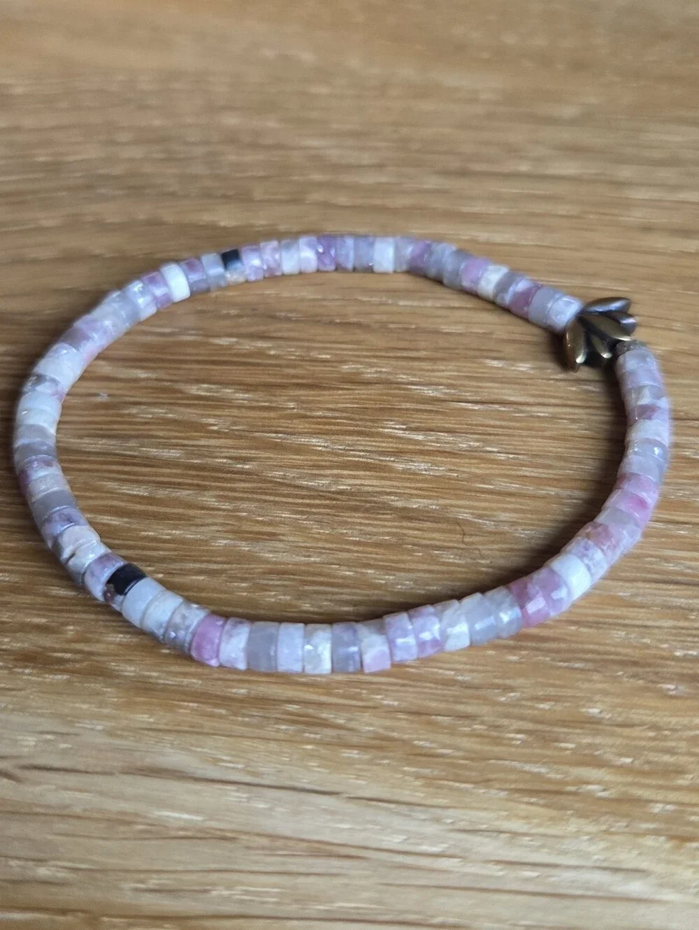Tourmaline & Lepidolite Beaded Stretch Bracelet with Lotus Accent | Handmade